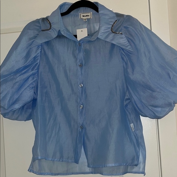 wo wo Tops - Wowo Sheer Blue Blouse with Puff Sleeves